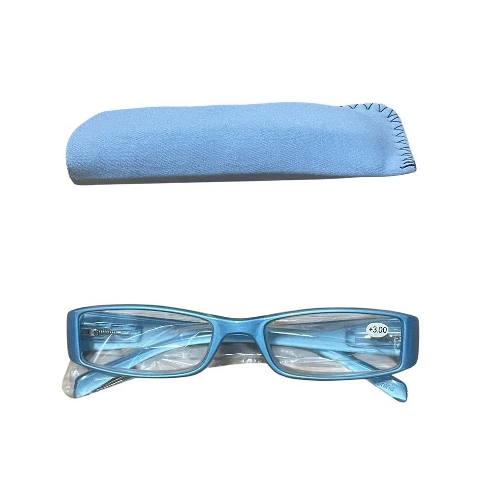 Metallic Blue Rectangular Reading Glasses +3.00 Magnification with Soft Case